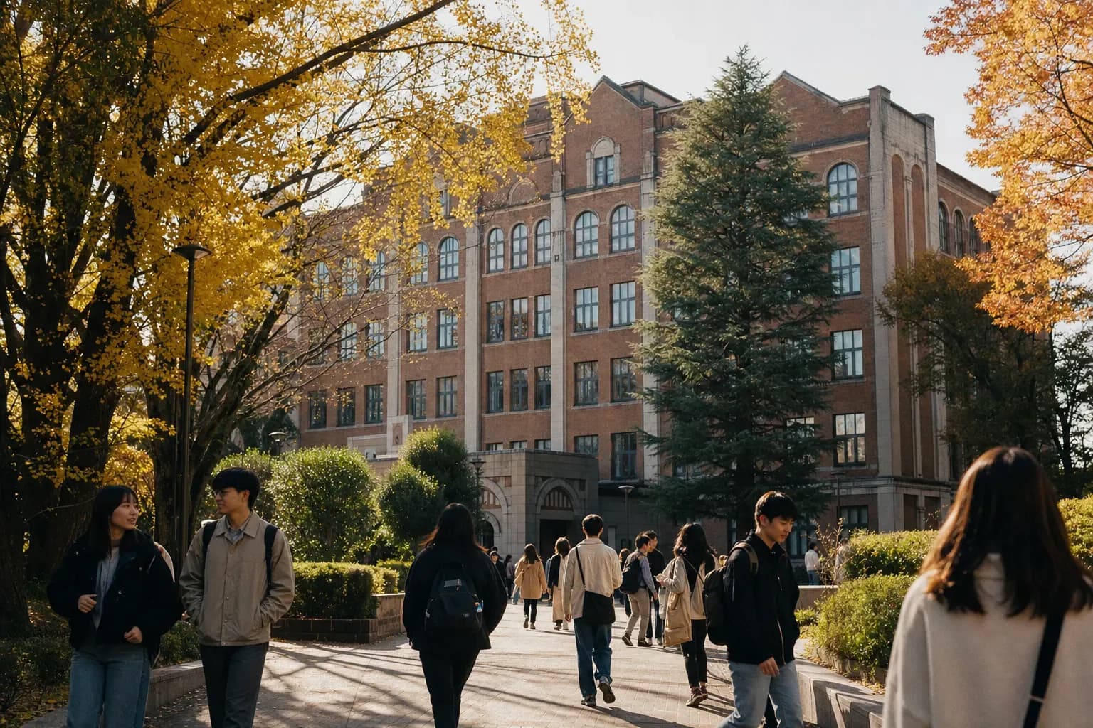 Sophia University 上智大學的寫實校園景緻,學生在建築前漫步