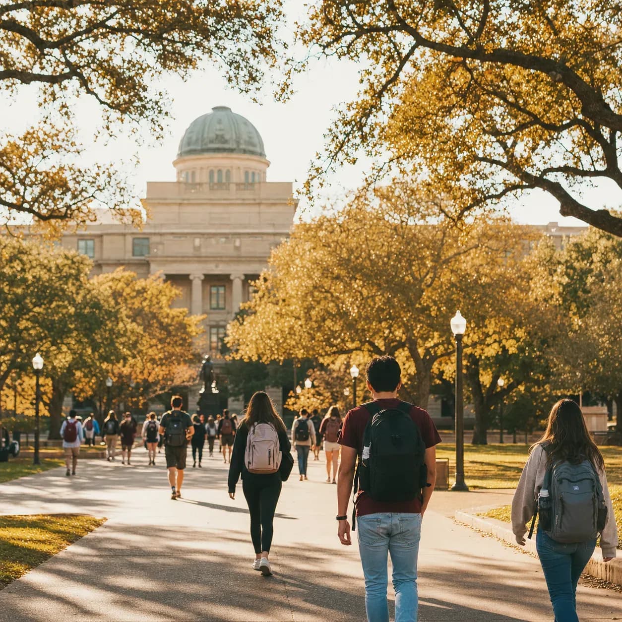 Texas A&M 德州農工大學的寫實校園景緻,學生在建築前漫步
