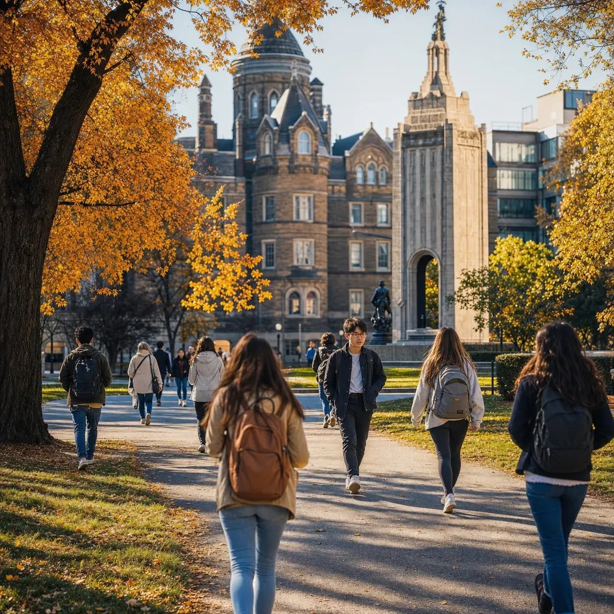 Toronto Metropolitan University (TMU) 多倫多都會大學的寫實校園景緻,學生在建築前漫步