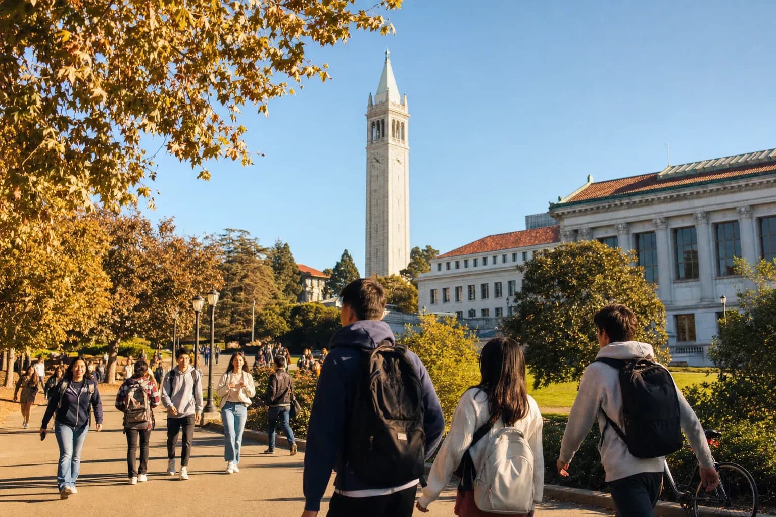 UC Berkeley 加州大學柏克萊分校的寫實校園景緻,學生在建築前漫步