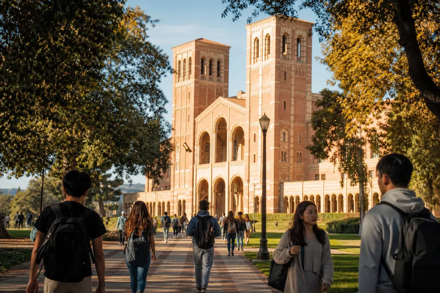 UCLA 加州大學洛杉磯分校的寫實校園景緻,學生在建築前漫步