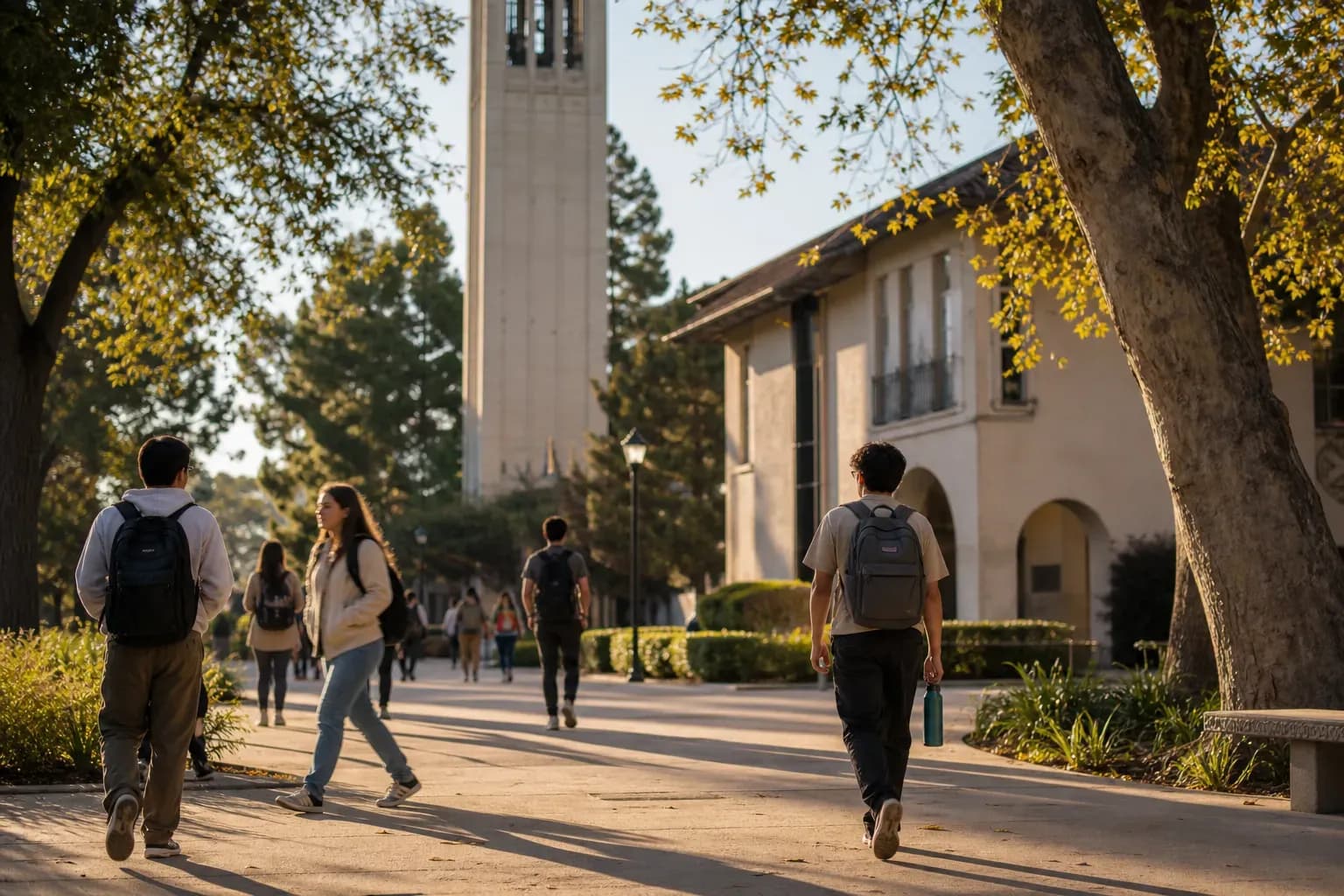 UC Santa Barbara 加州大學聖塔芭芭拉分校的寫實校園景緻,學生在建築前漫步