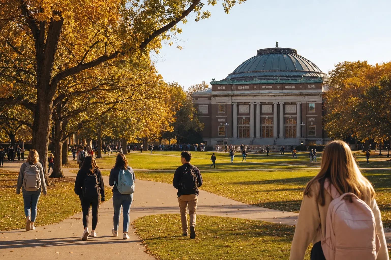 UIUC 伊利諾大學香檳分校的寫實校園景緻,學生在建築前漫步