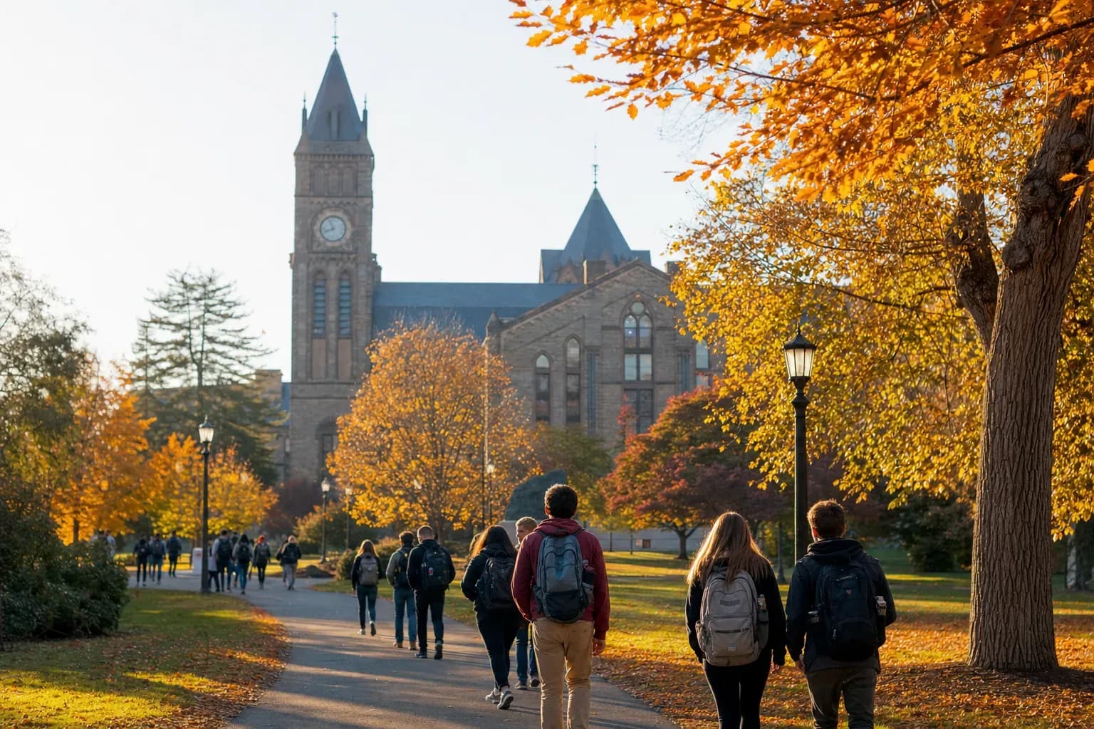 UMass Amherst 麻州大學阿默斯特分校的寫實校園景緻,學生在建築前漫步