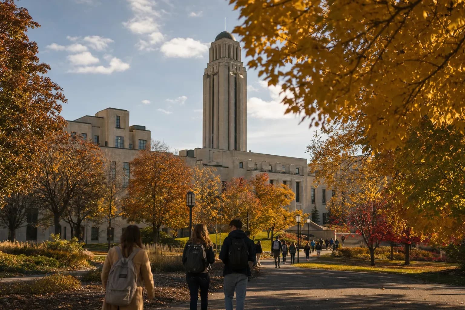 Université de Montréal 蒙特利爾大學的寫實校園景緻,學生在建築前漫步