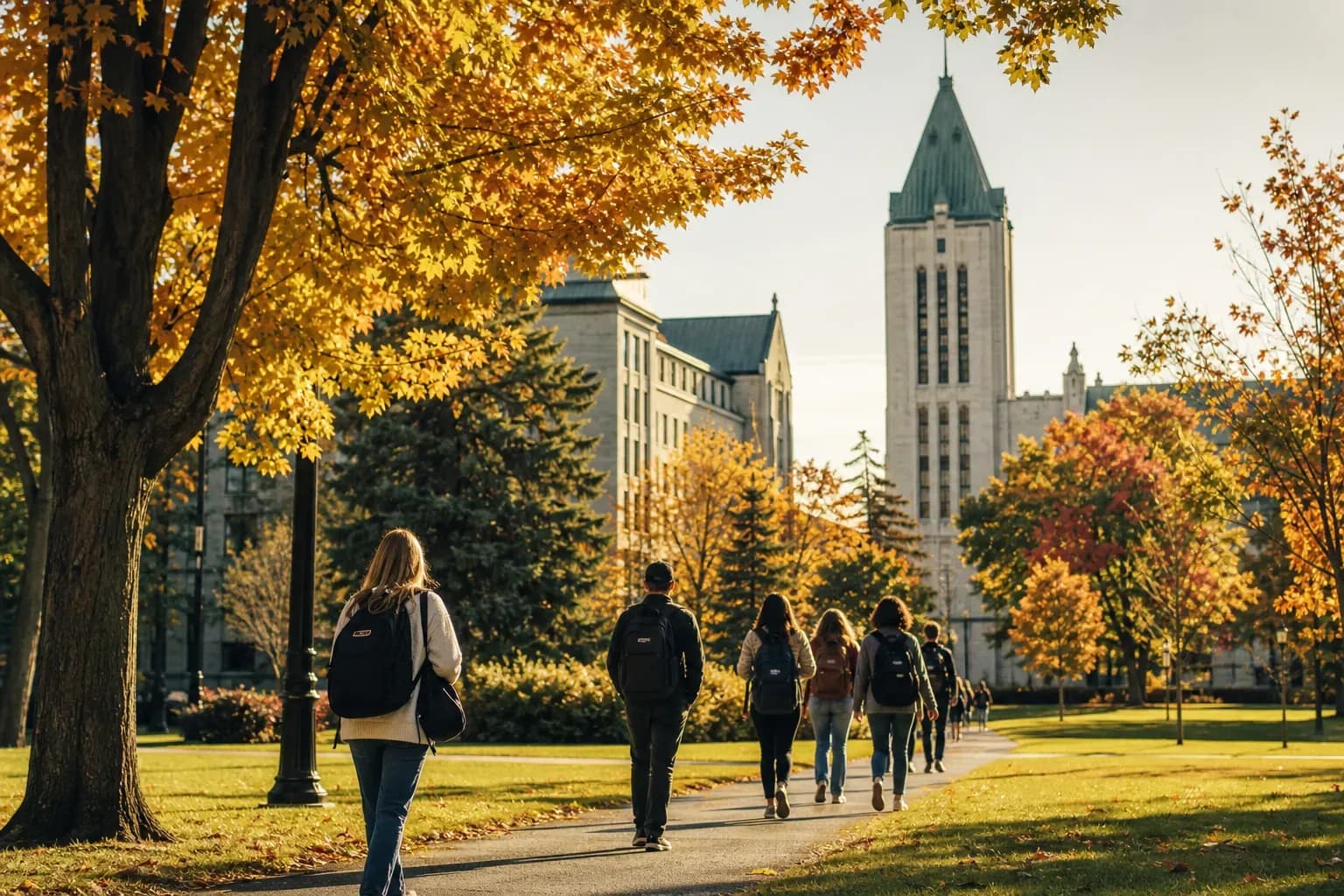 Université Laval 拉瓦爾大學的寫實校園景緻,學生在建築前漫步