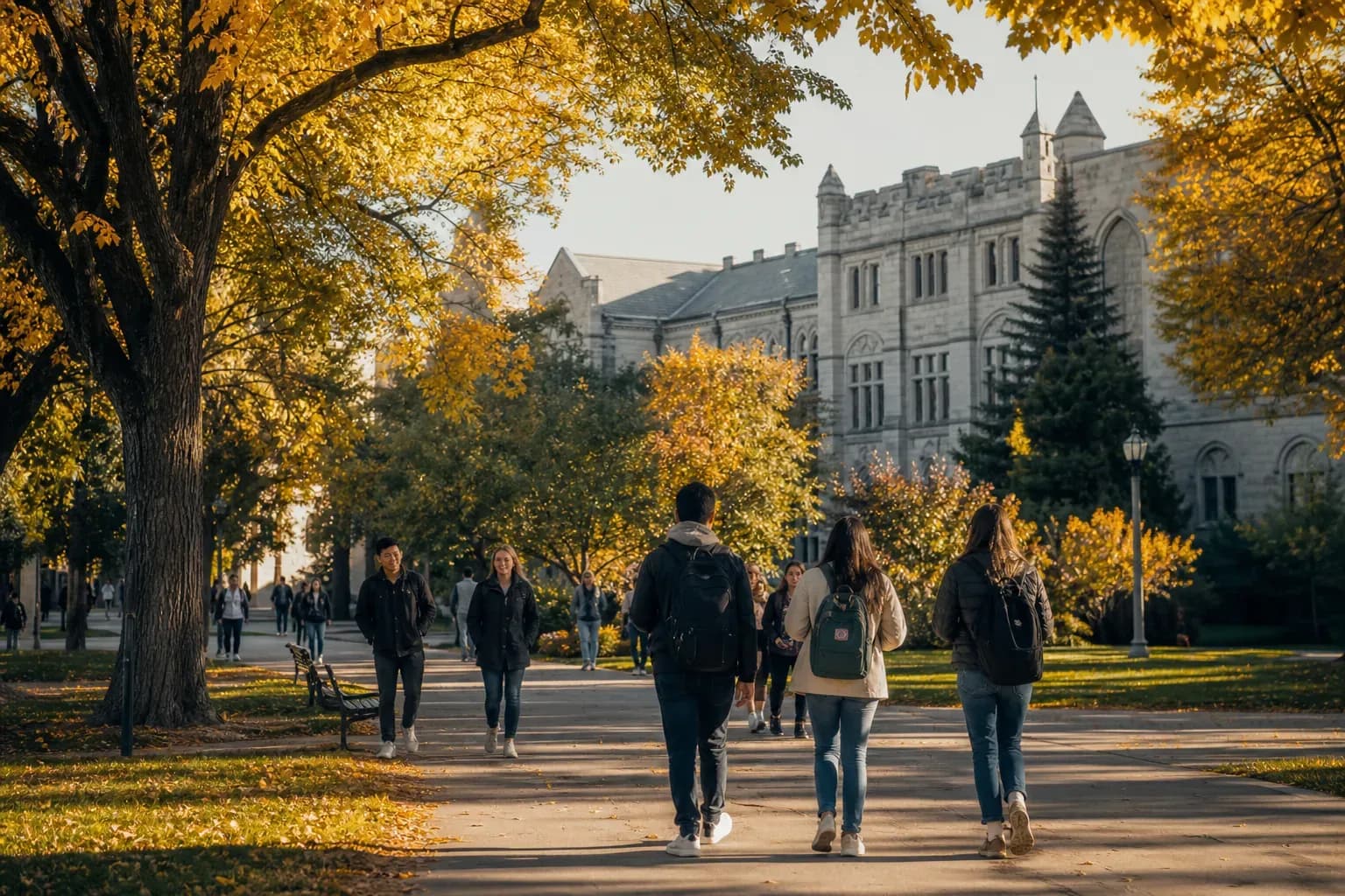 University of Manitoba 曼尼托巴大學的寫實校園景緻,學生在建築前漫步