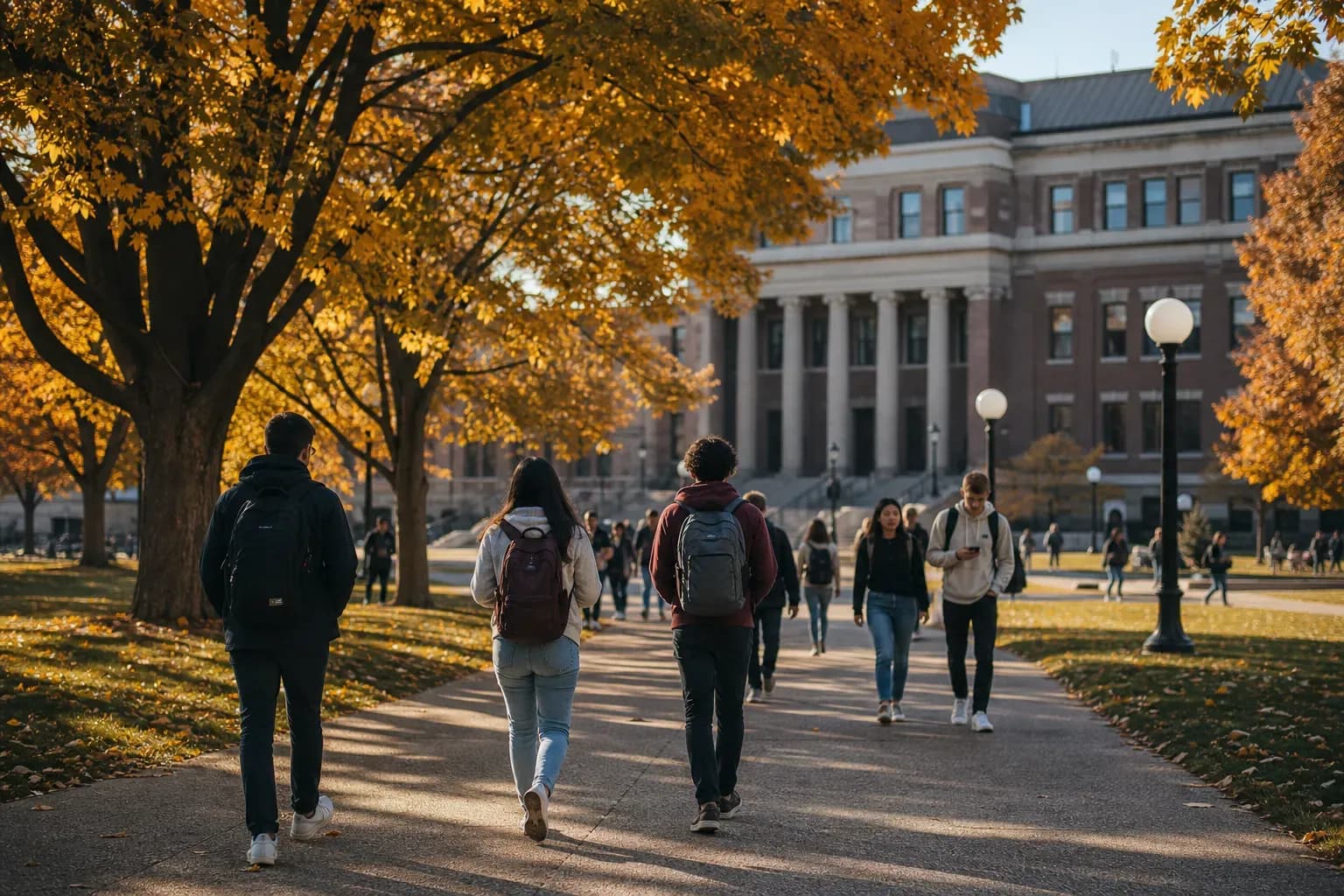 University of Minnesota Twin Cities 明尼蘇達大學雙城分校的寫實校園景緻,學生在建築前漫步