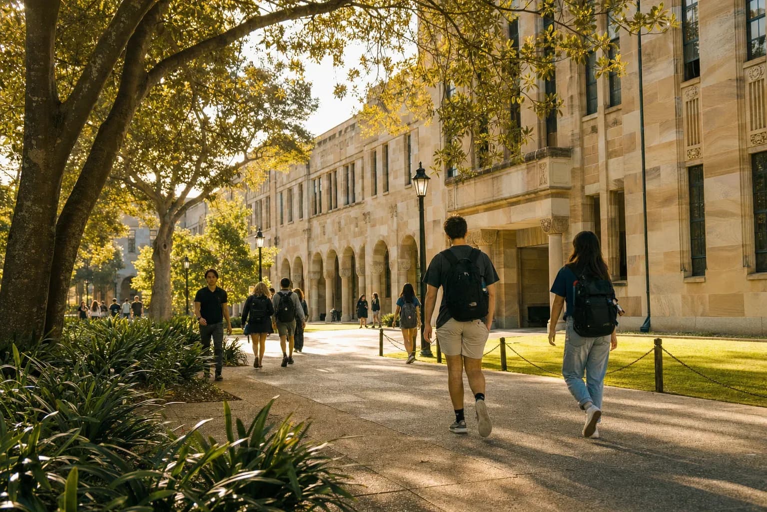 University of Queensland 昆士蘭大學的寫實校園景緻,學生在建築前漫步