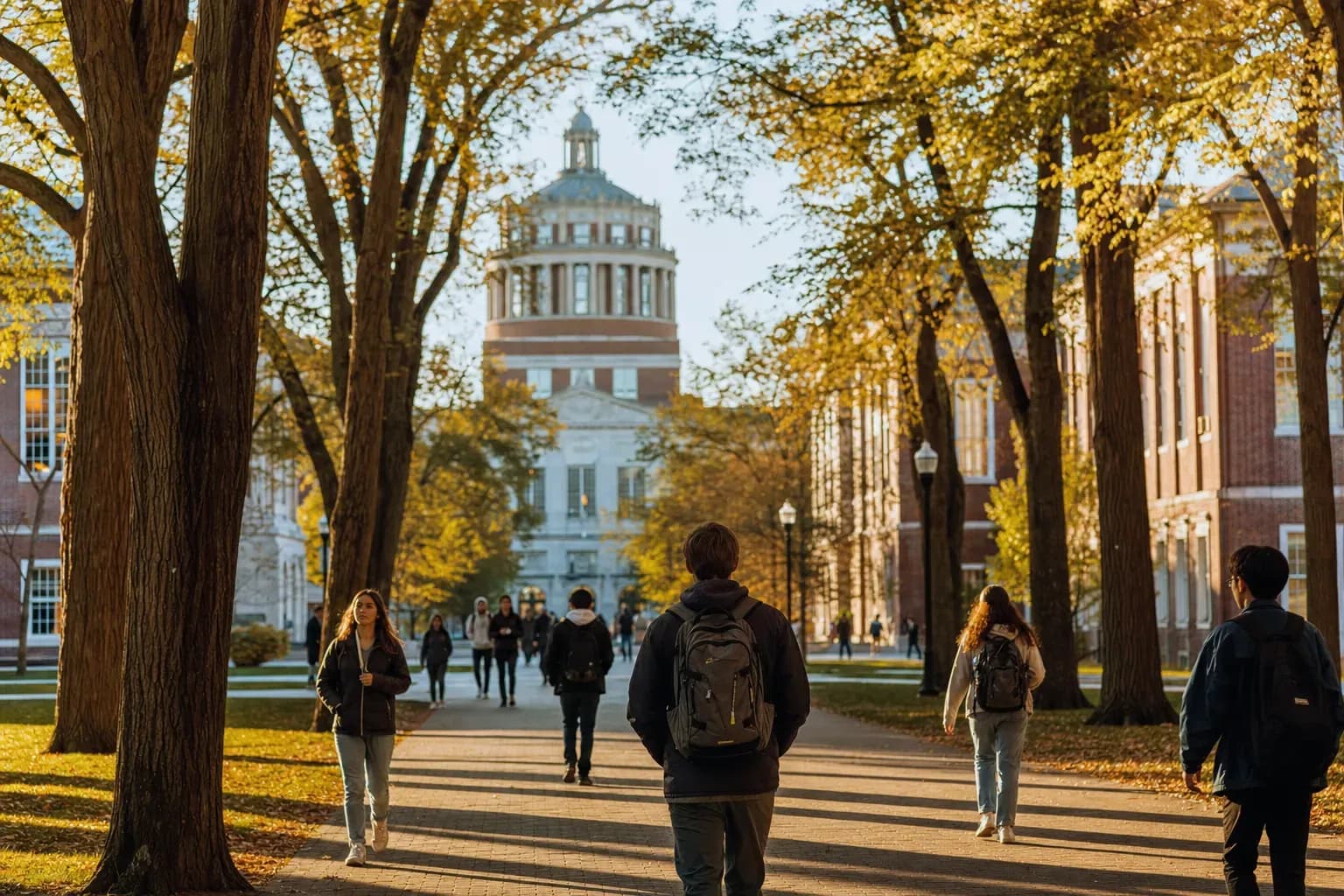 University of Rochester 羅徹斯特大學的寫實校園景緻,學生在建築前漫步