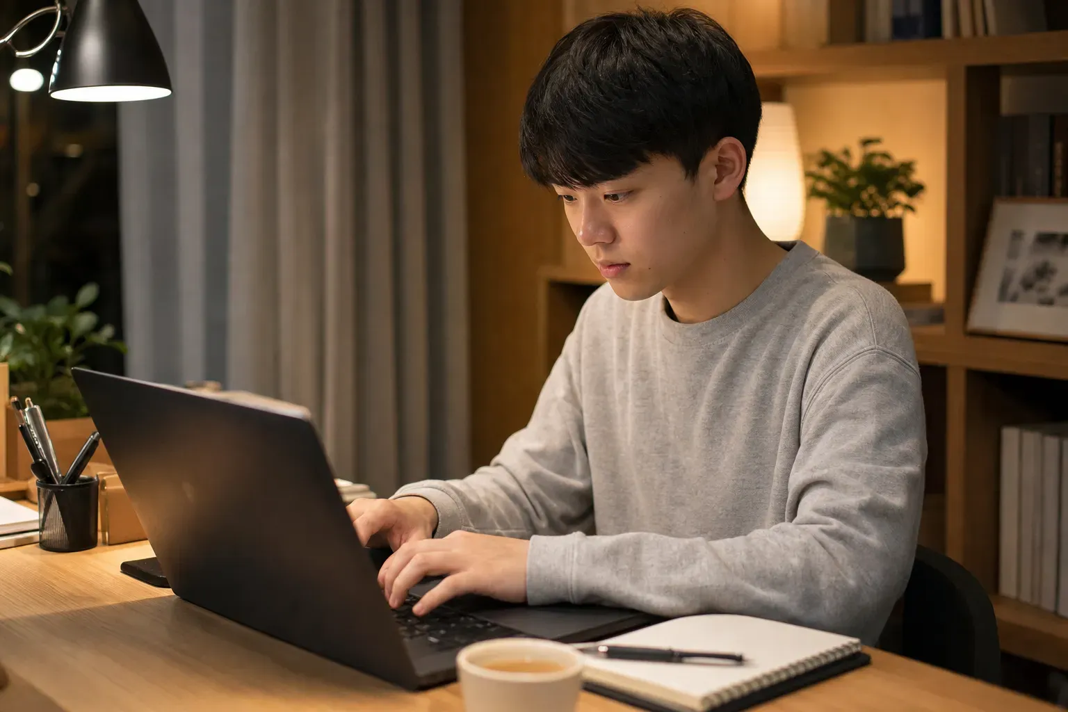 一位專注的學生在溫馨的書房中用電腦撰寫申請文書