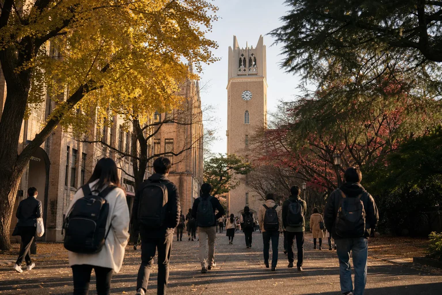 Waseda University 早稻田大學的寫實校園景緻,學生在建築前漫步