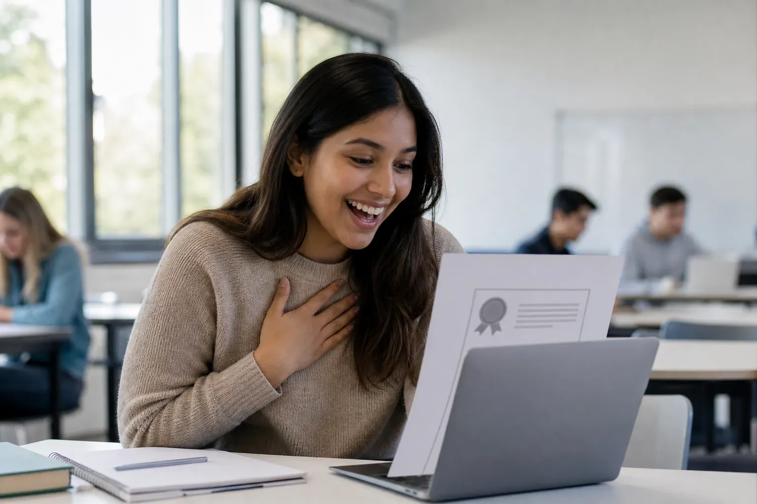 A joyful student receiving a scholarship award letter on a laptop in a bright classroom